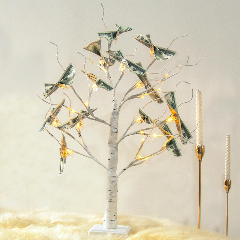 Money Tree Gift Holder, Lighted Tabletop Birch Tree With 12 Clips And 6 Greeti