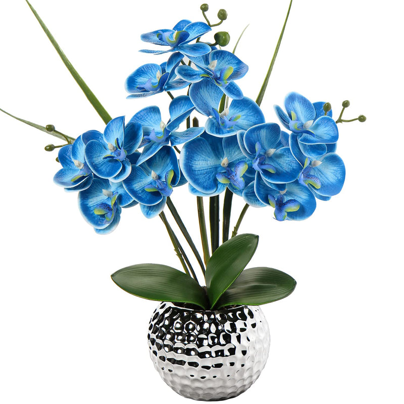 Orchids Artificial Flowers, 20'' Blue Faux Orchid Flowers With Silver Vase Pha