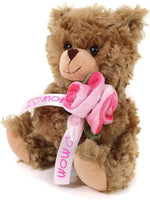 Plushland Mocha Teddy Bear with Pink Ribbon Rose -I Love Mom for Mom, Soft Stuffed Animal, Nursery Crib Decor, Brown Floral Bear 6 Inches