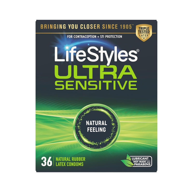 Ultra Sensitive Premium Lubricated Natural Latex Condoms, 36 Count, 1 Pack, Triple Tested For Best Protection, Made With Ultraglide Silicone Lube