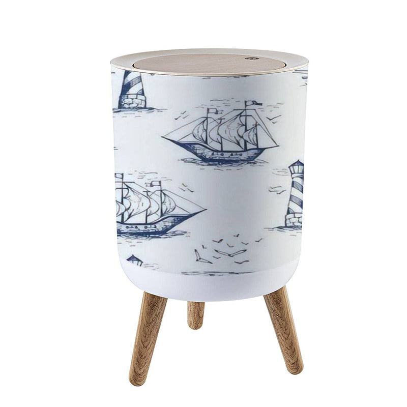Small Trash Can With Lid Vintage Hand Drawn Nautical Toile De Jouy Seamless With