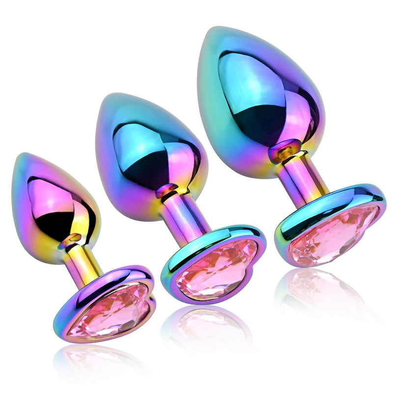 Butt Plugs Anal Trainer Kits 3Pcs Colorful Metal Anal Plugs Prostate Massager Heart Shape Jewelry Base Adult Sex Toys For Men And Women (Pink)