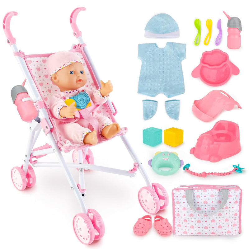 Baby Doll Stroller Set With 13 Inch Doll,Kids Play Stroller Toys,13" Baby D