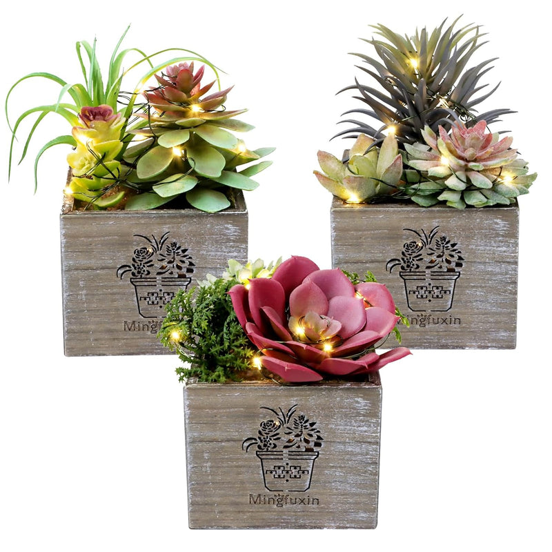 Artificial Succulent Plants, Mini Fake Plants With Led String Light For Bedroo