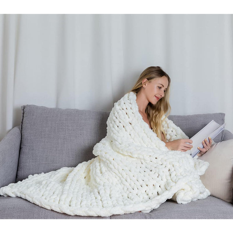 Chunky Knit Blanket Throw Chenille Cable Knitting Home Decor (Ivory 40X40 In)