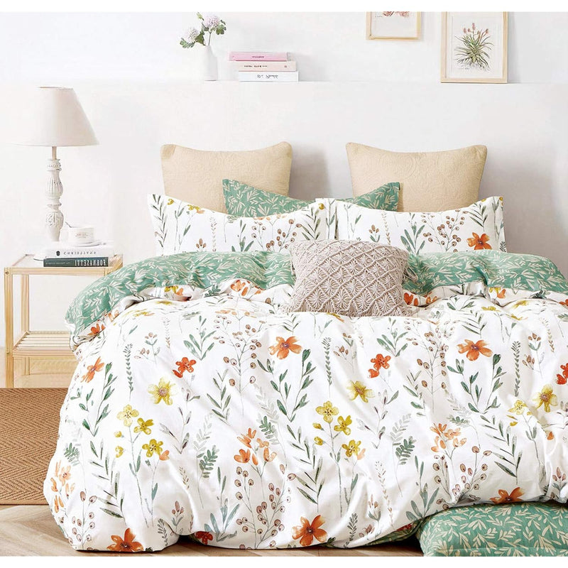 Duvet Cover Set 600 Thread Count Cotton Bedding Set (Full, White&Green Floral)