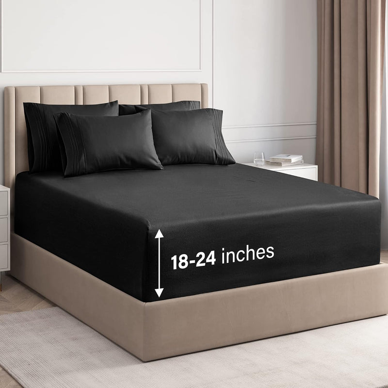 Extra Deep Full Sheet Set - 6 Piece Breathable & Cooling Sheets - Hotel Luxury Bed Sheets Set - Easy & Secure Fit - Soft, Wrinkle Free & Comfy Sheets Set - Black Sheet Set W/Extra Deep Pockets