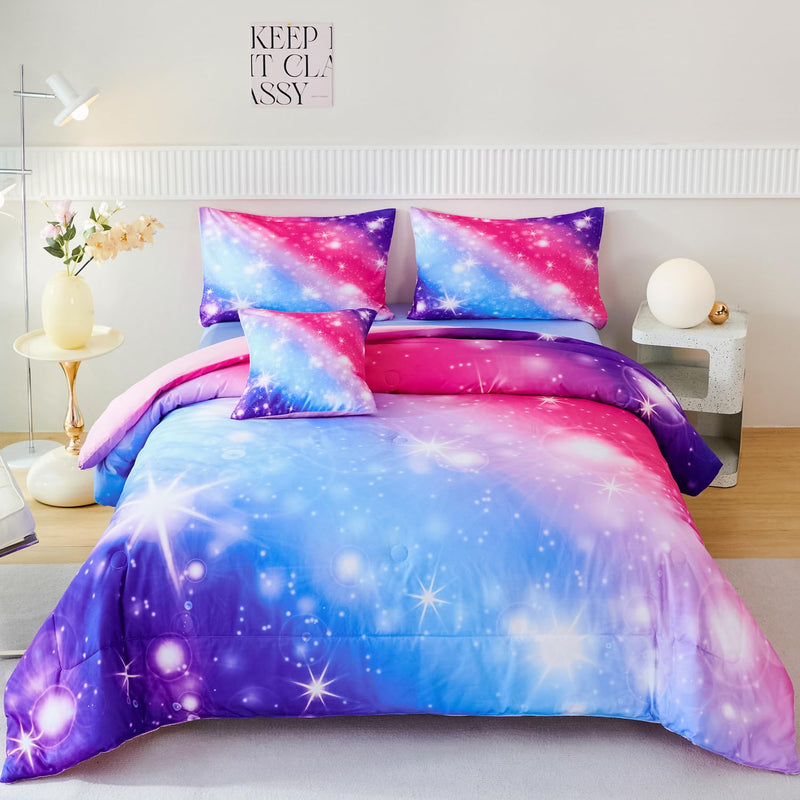 6 Pcs Glitter Girls Twin Comforter Sets, Gradient Galaxy Kids Bedding Sets For