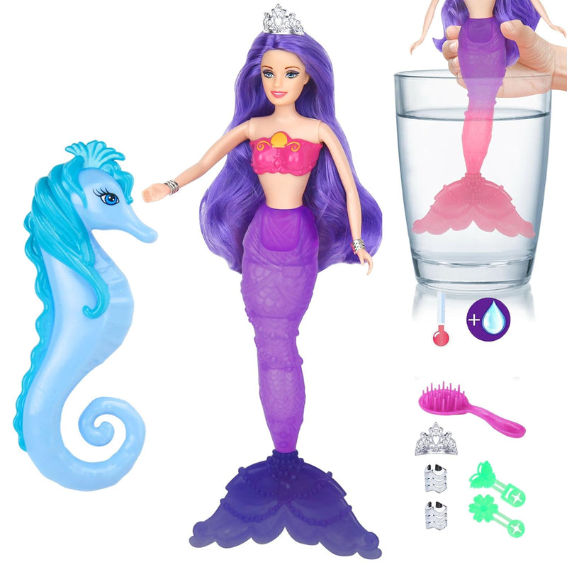 Magical Color Changing Mermaid Doll, Princess Mermaid Toy With Seahorse & D