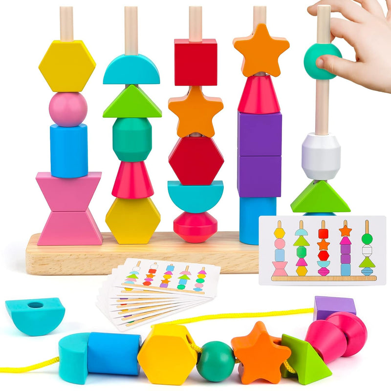Montessori Wooden Beads Sequencing Toy Set, Stacking Blocks & Lacing Beads