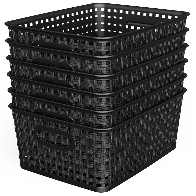 Woven Storage Organizer Basket, 6-Pack Black Plastic Weave Baskets, 10.1 X 7.55