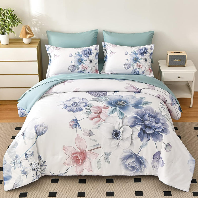 7 Piece Bed In A Bag Queen Floral Comforter Set Botanical Flower Printed On Li