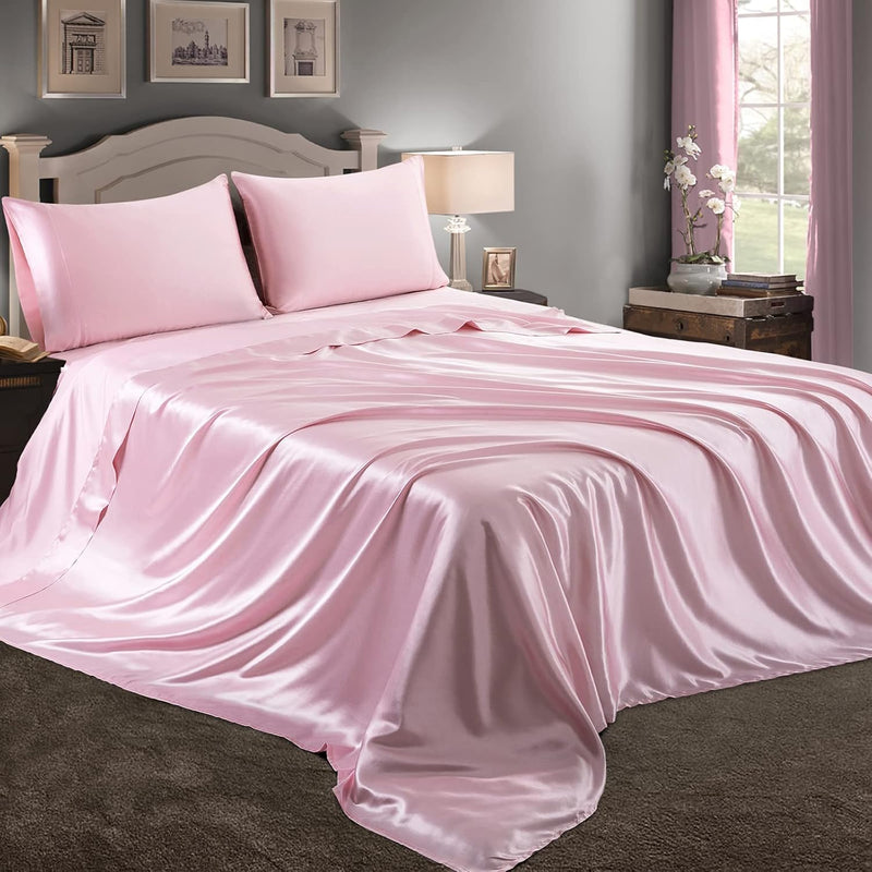 4 Piece Pink Satin Sheets Queen Size Satin Bed Sheets Set Silky Satin Sheet Wi