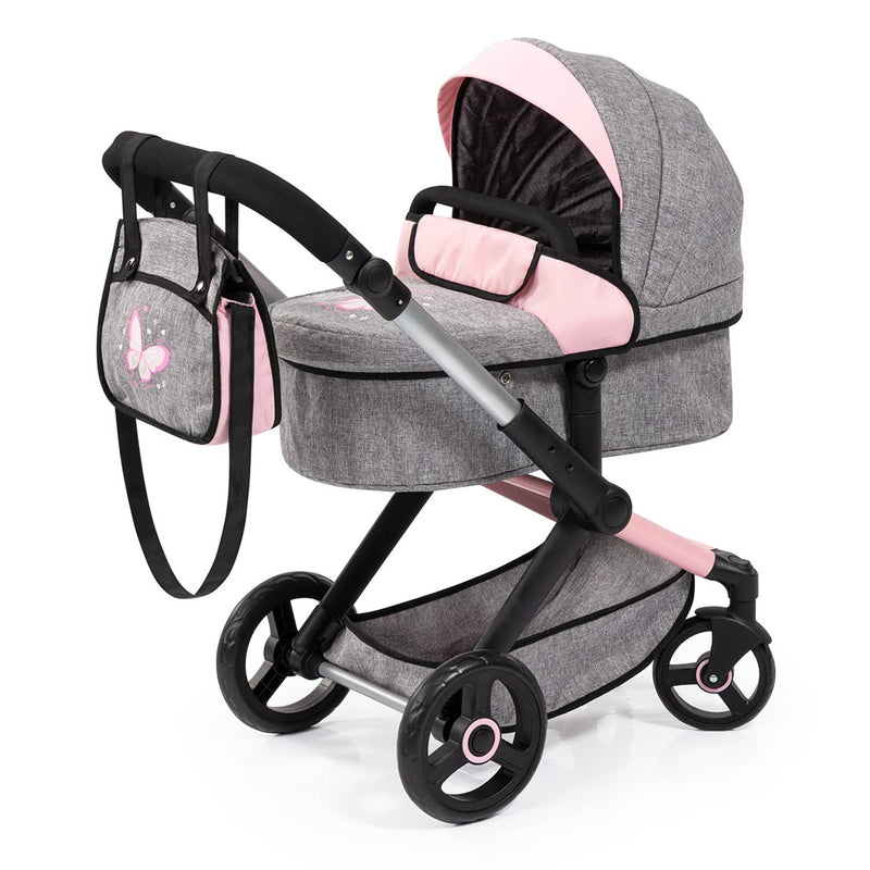 Bayer Design Dolls: Pram Xeo: Butterfly Grey & Pink - Matching Handbag, Adj