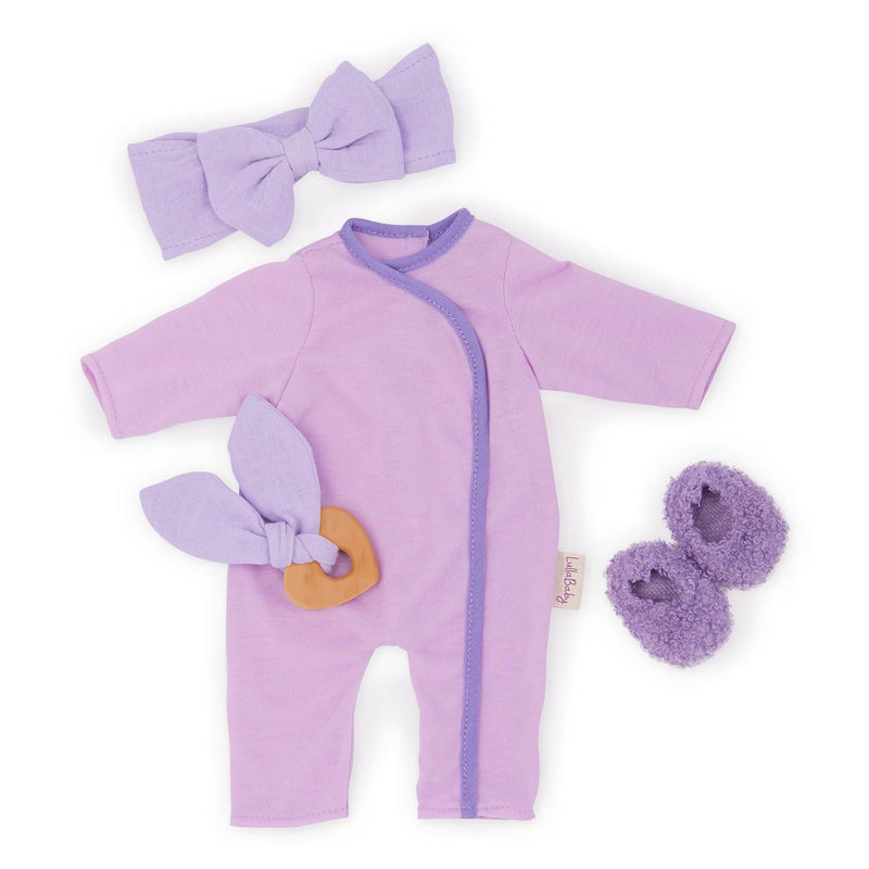 14 Inch Baby Doll Clothes Purple Pajama Onesie Headband, Teether & Slippers