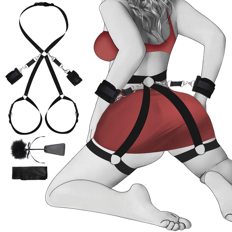 Bdsm Sex Bondage Kit Restraint Sets Waist To Thighs Adult Sex Toys For Couple, Back Handcuffs Adjustable Harness Strap Addable Crossbeam With Blindfold & Tickler For Women Men Bed Sm Games Play Toys