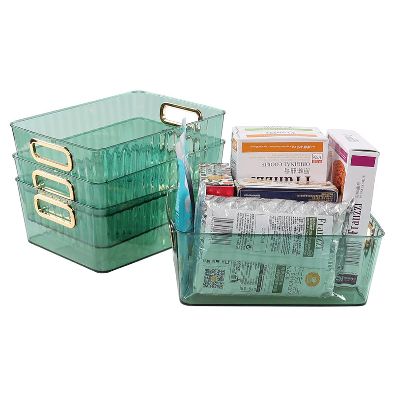 Clear Plastic Pantry Organizer Bins, Small Plastic Storage Baskets, Green, 4-Pac