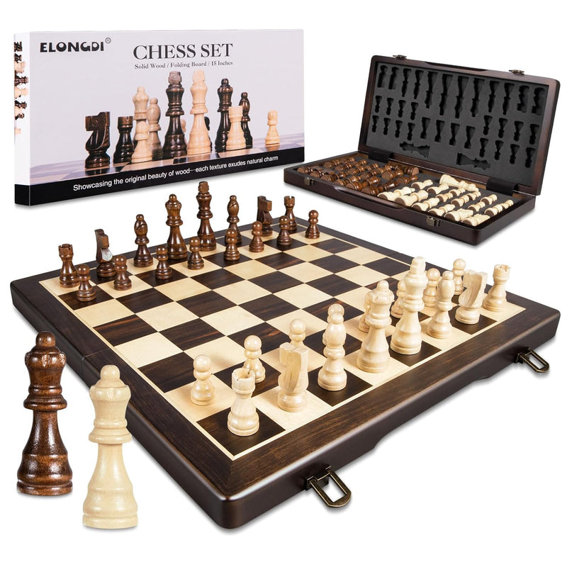 Magnetic Wooden Chess Set,15" Folding Chess Board With Wood Texture 2 Extra Qu