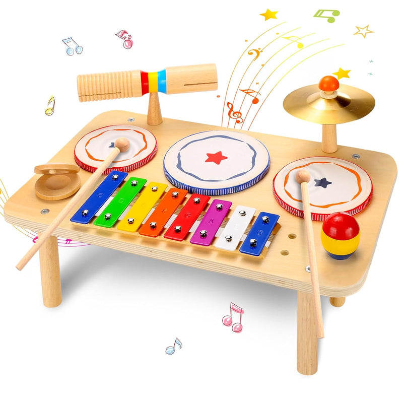 Kids Drum Set, Baby Musical Instruments Toys For Toddlers, 9 In 1 Wooden Xy