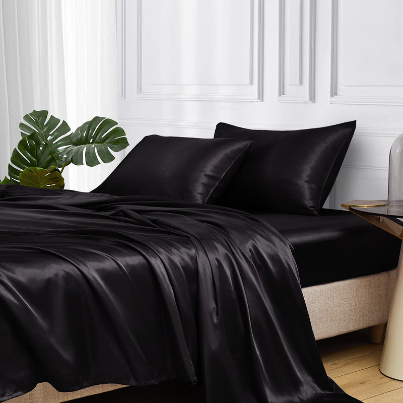 Satin Bed Sheets, Full Size Sheets Set, 4 Pcs Silky Bedding Set With 15 Inches
