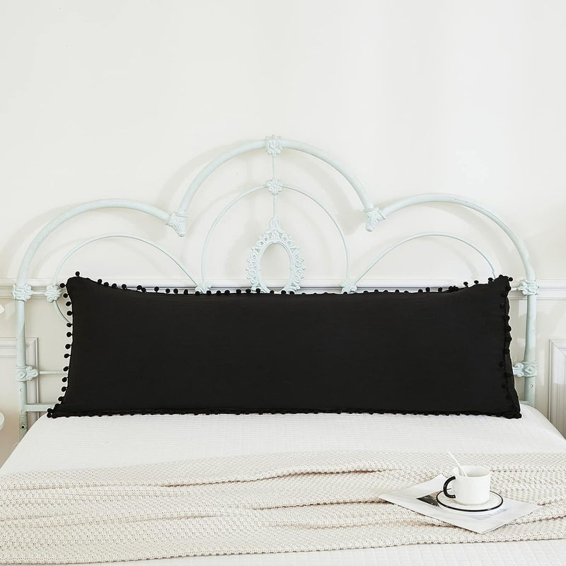 Black Body Pillow Cover 20X54 Boho Chic Pom Poms Fringe Decor Black Body Pillo