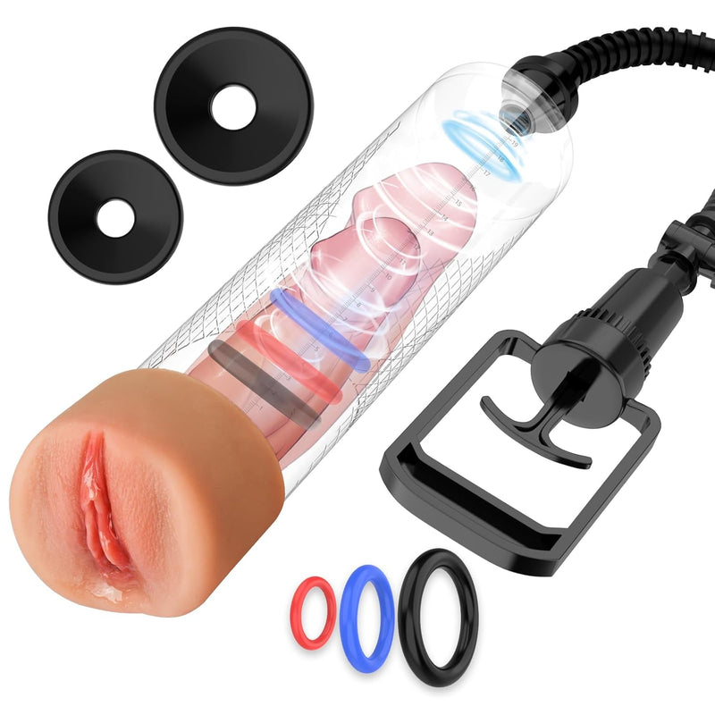 Vacuum Penis Pump Male Sex Toys For Men Manual Penis - Pumps & Enlargers, Penis Enlargement For Men Stronger Bigger Erections With Masturbators Cup & 2Pcs Suction Sleeves & 6 Cock Rings