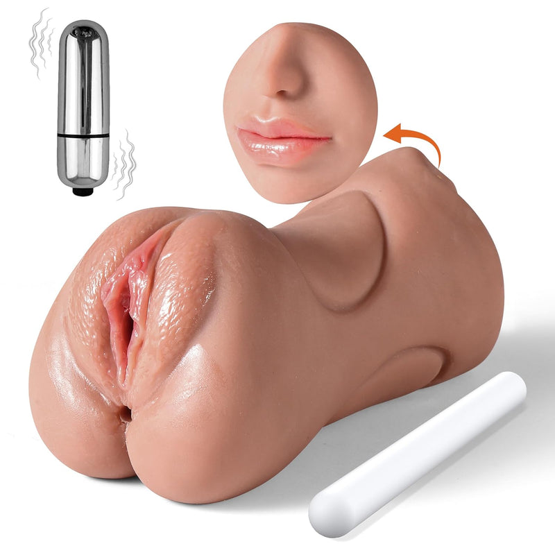 Vibrating Male Masturbator Pocket Pussy With Bullet Vibrator - 3 In 1 Sex Dolls Adult Toys Mens Blowjob Stroker,10 Vibration Modes Male Sex Toy With 3D Realistic Textured Adult Toy (Wheat)