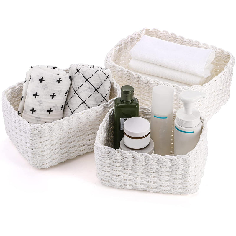 Set Of 3 Paper Rope Woven Storage Basket, Recyclable Makeup Organizer Bin Stacka
