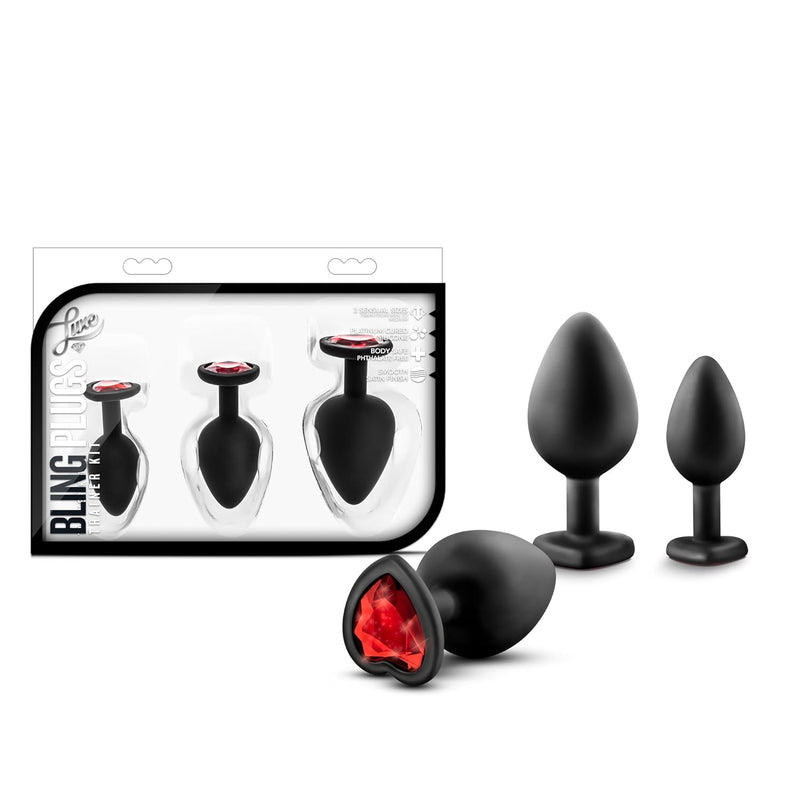 Blush Luxe Bling Silicone Anal Training Plug Kit, 3-Pc Set - Heart-Shaped Base & Red Gem - S, M, L Size Bum Plug | Satin Smooth Ultrasilk Platinum-Cured Beginner Butt Plug For Women & Couples (Black)