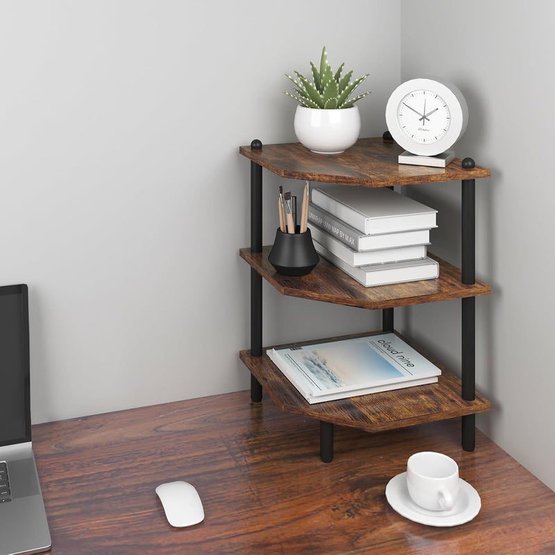 3 Tier Corner Shelf Organizer, Desktop Corner Stand Shelf For Storage, Rustic