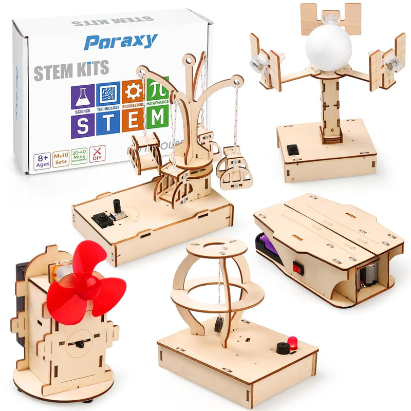 Poraxy STEM Kits for Kids Ages 8-10-12, 5 Set Wooden 3D Puzzles, Educationa