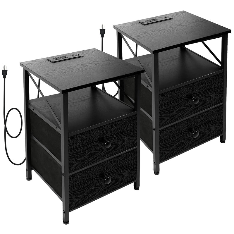 Black Nightstands Set Of 2 With Charging Station, End Tables Living Room With