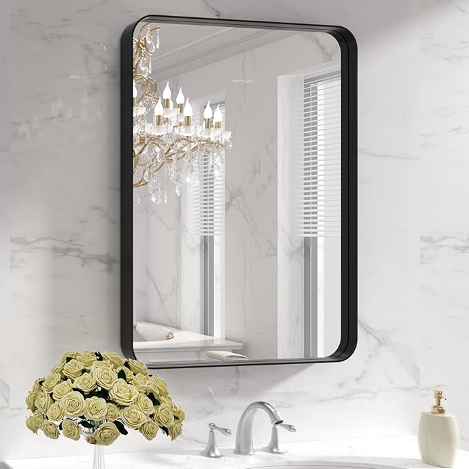 Black Metal Framed Bathroom Mirror for Wall, 22X30 Inch Rounded Rectangle Mirror, Matte Black Bathroom Vanity Mirror Farmhouse, Anti-Rust, Tempered Glass, Hangs Horizontally or Vertically