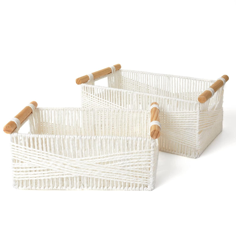 Wicker Storage Baskets For Organizing, Recyclable Paper Rope Basket With Wood Ha