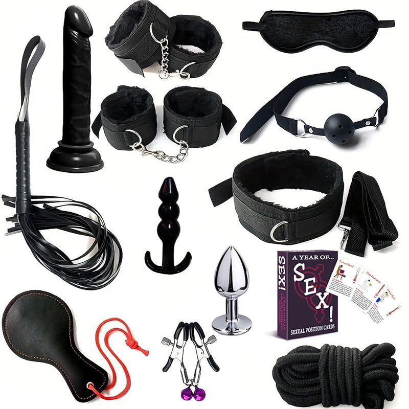Bdsm Bondage Restraints Set 13Pcs Adjustable Handcuffs Collar Spanking Whip Anal Plug Sex Cards Nipple Clamp Couple Sex Toys (Black)