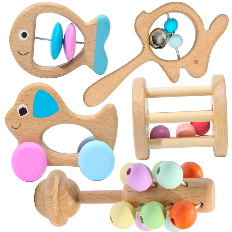 Wooden Toys For Babies 5 Piece Collection Multi Sensory Learning Rattle For