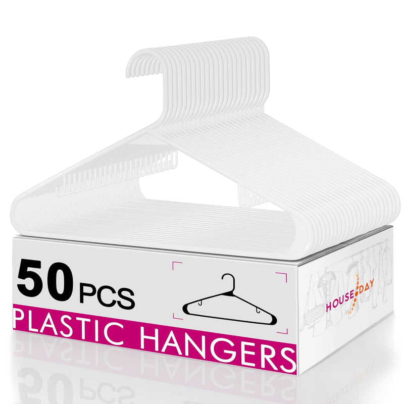 White Plastic Hangers 50 Pack, Plastic Clothes Hangers With Hooks, Space Saving
