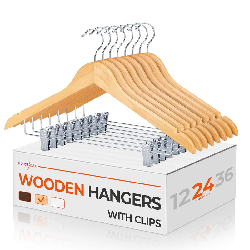 Wooden Hangers With Clips 24 Pack,Wooden Suit Hangers Skirt Hangers Solid Wood P