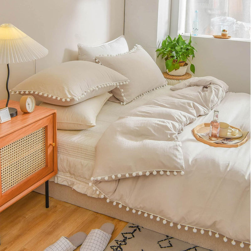 Beige Comforter Set Queen Size Boho Comforter Cute Pom Pom Ruffle Fringe Farmh