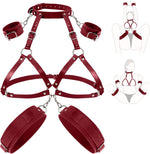 Leather Neck-to-Thigh Chest Harness with Wrist & Thigh Cuffs for Couples Play