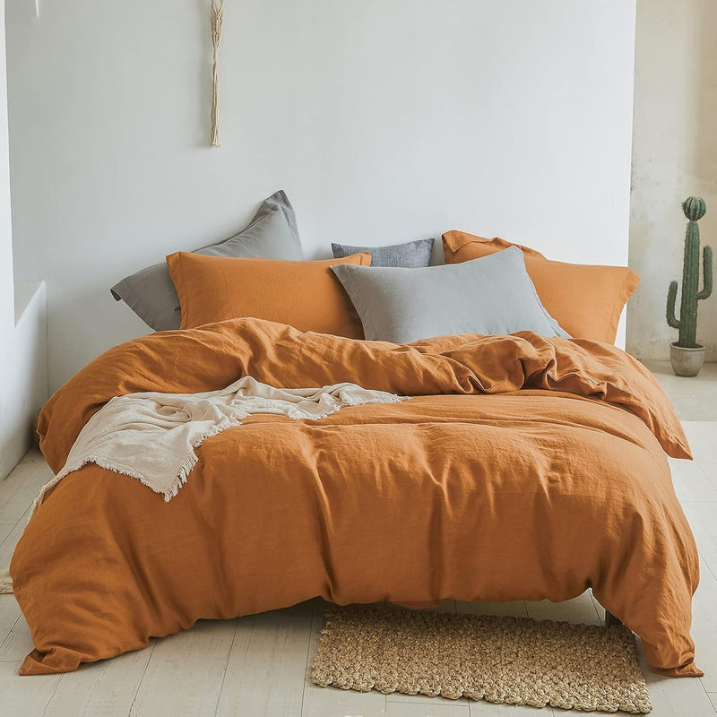 100% Linen Duvet Cover Set 3Pcs Basic Style Natural French Washed Flax Solid C