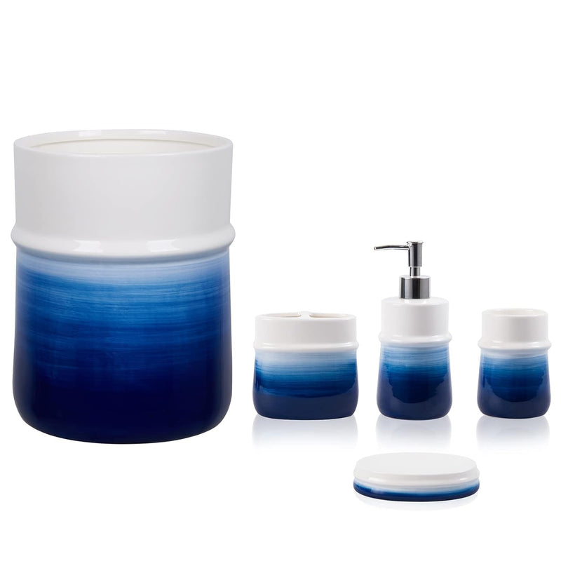 Navy Blue Bathroom Accessories Set, Decorative Round Small Trash Can Wastebasket