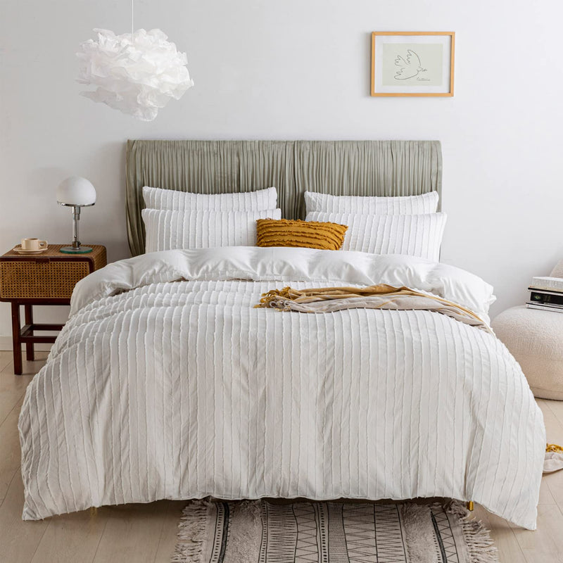 White Duvet Cover Queen Size - 3Pcs Microfiber Tufted Duvet Cover Set, Boho St