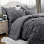 King Size Comforter Set - Bedding Set King 7 Pieces, Pintuck Bed In A Bag Dark Grey Bed Set With Comforter, Sheets, Pillowcases & Shams