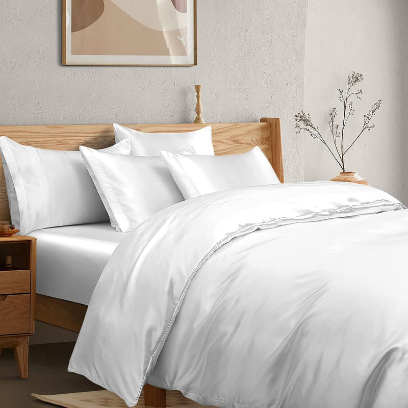 6Pcs Pure White Duvet Cover Cal King Size Set With Satin Fitted Sheet - Not Co