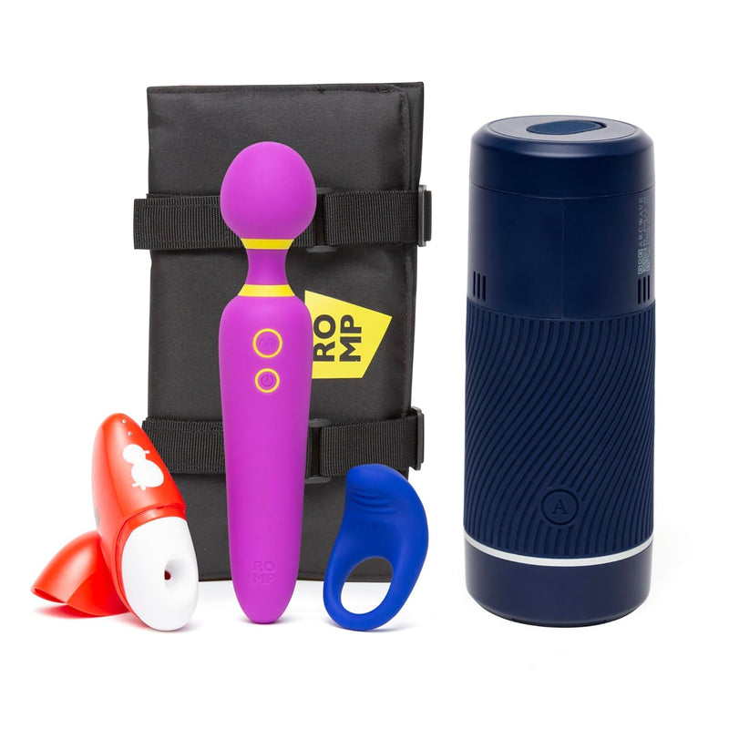 Pow Blue Male Masturbator & Romp Pleasure Kit With Wand, Clitoral Suction Toy & Cock Ring - Couples Sex Toys Bundle