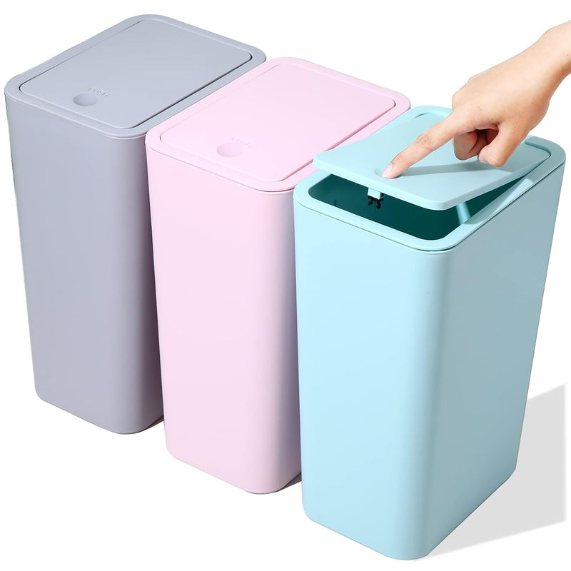 3 Pack Bathroom Small Trash Can With Lid,10L / 2.6 Gallon Slim Garbage Bin Waste