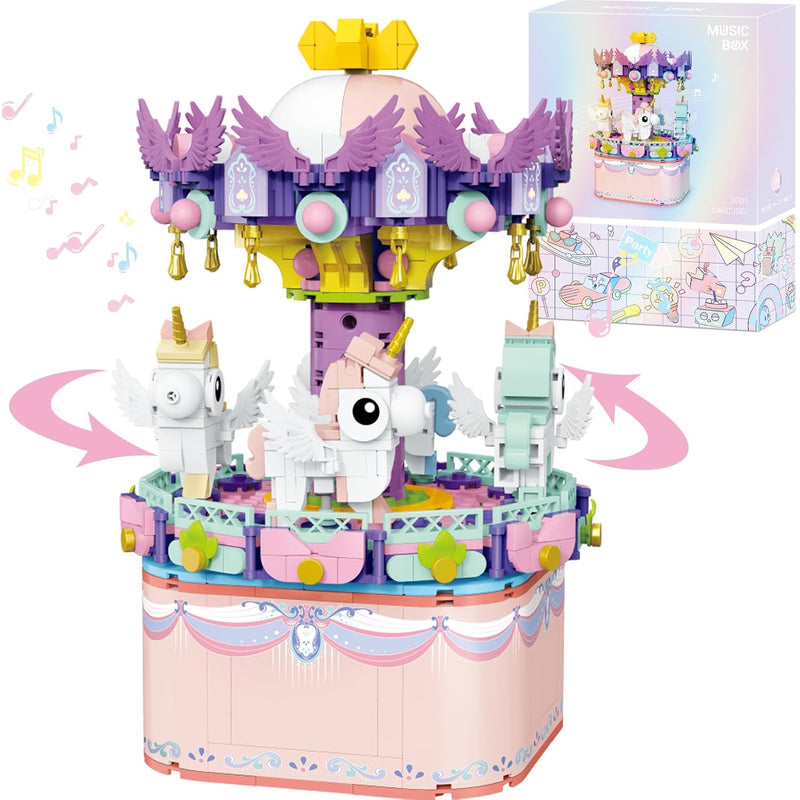 Music Box Building Toys, Rotating Carousel Diy Building Block For Girls And