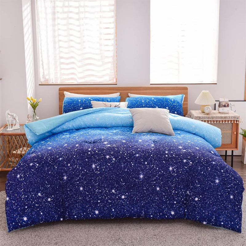 Kids Space Star Glitter Comforter Set Ombre Blue Indigo Print Gradient Bedding