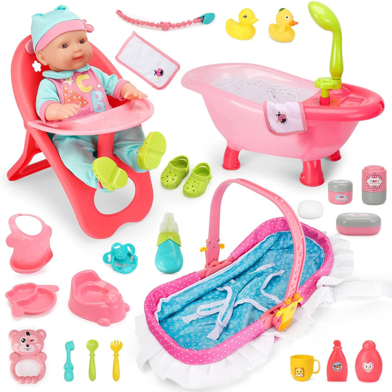 Baby Doll Set, 25 Pcs Baby Doll Accessories With High Chair, Bath, Crib, Fe